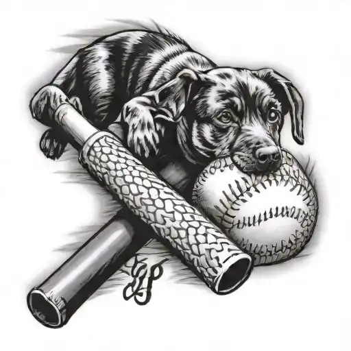 A Realistic Black And Grey Tattoo Of A Baseball Bat And A Dog's Paw Intertwined