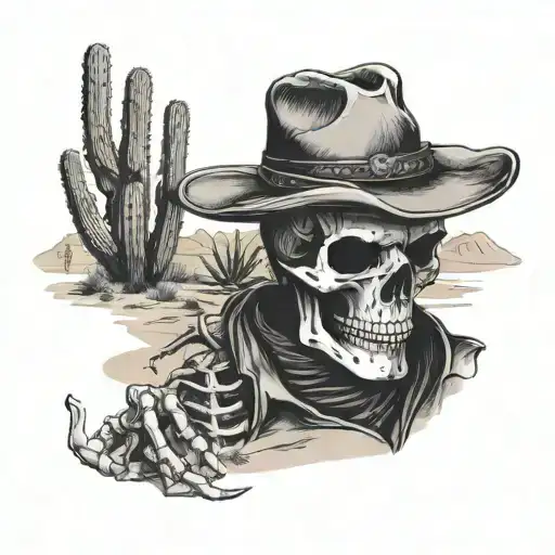 Cowboy Skeleton Laying In Desert Landscape Filled With Cacti