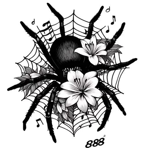 Spider On Spider Web With 888 Angel Number With Spider Lily's And Music Notes On Forearm
