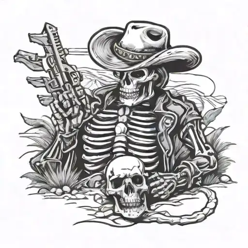 Cowboy Skeleton Laying In Desert Reclining Authentically