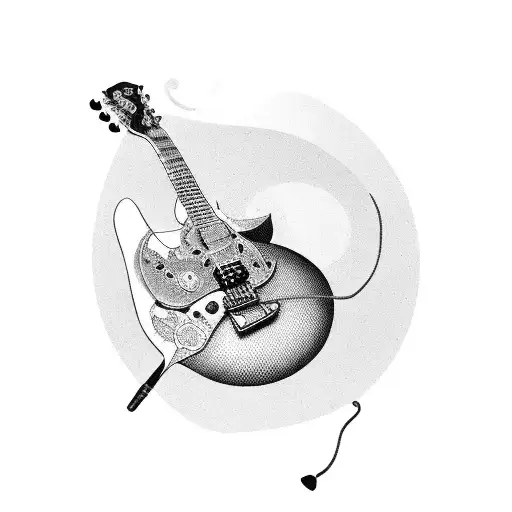 A Black-grey Tattoo Of A Guitar With A Cactus Growing Out Of The Soundhole