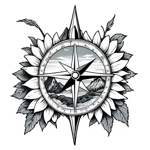 Compass Intertwined With Mountains And Sunflowers