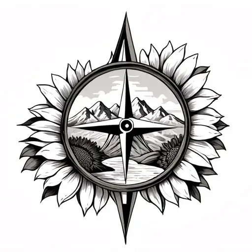 Compass Intertwined With Mountains And Sunflowers