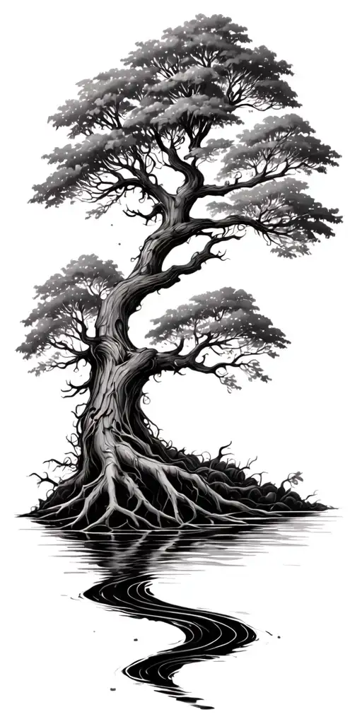 Tree With Roots And Stream Of Water