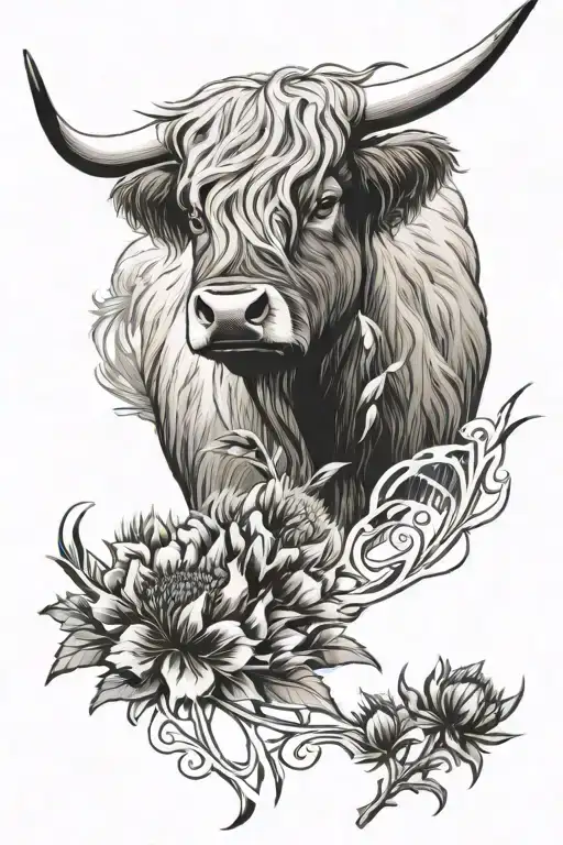 Highland Cow And Thistle Intertwined