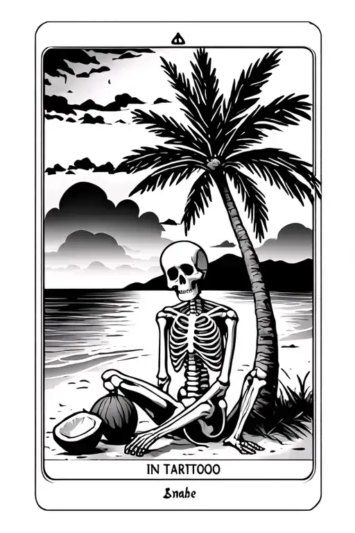 Skeleton Sitting On The Beach Sunset Under Palm Tree With Coconuts In A Tarot Card