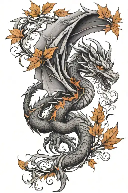 Mythical Dragon With Fall Colored Leaves