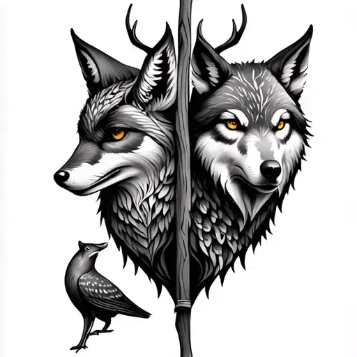Totum Pole With A Fox Owl Deer And Wolf