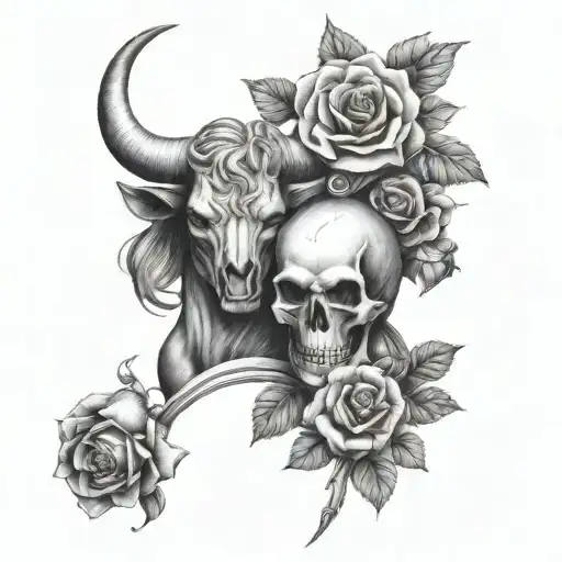 Virgin And Bull With Skulls And Roses Intertwined