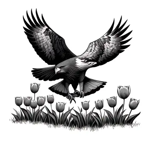 Tree Sky Line With A Hawk Flying Over And Tulips Growin