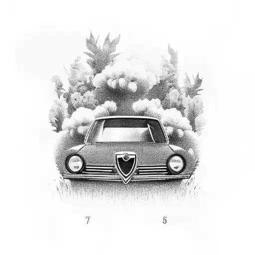 A Detailed Black And Grey Tattoo Of A Vintage Alfa Romeo Car Surrounded By Lush Garden Foliage