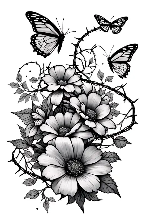 Flowers Barbed Wire Wrapped With Fine Line Butterflys And Vines And Cute