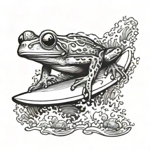 Give Me A Tattoo Design Of A Red Frog Surfing On A Surfboard In A Barrel Under A Reef