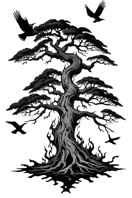 Poision Tree On Fire With Birds Flying