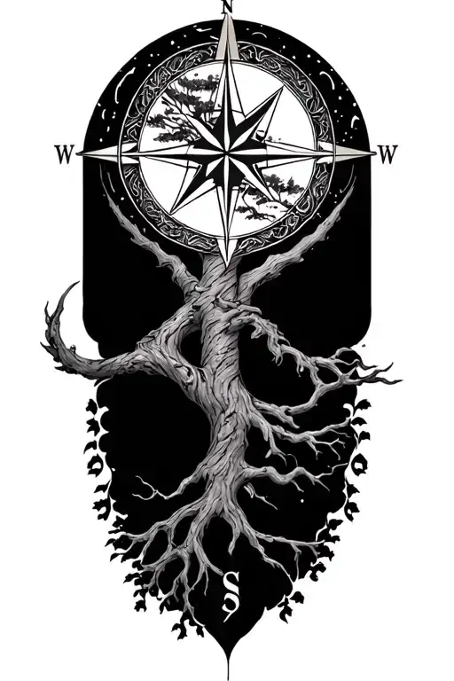Nordic Tree Of Life And Compass With Japanese Wind Bars
