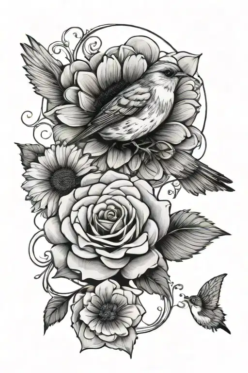 One Rose Intertwined With A Gerbera Flower With A Robin Bird Perched