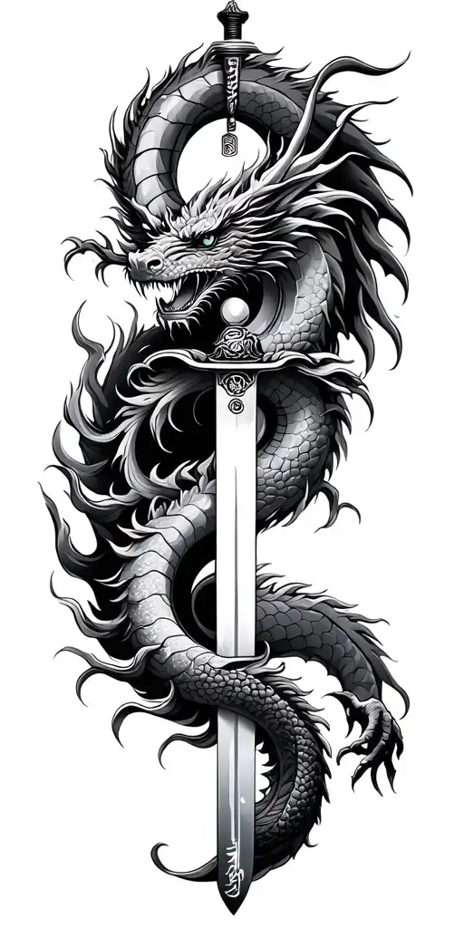 Dragon Ying Yang Symbol Wrapping Round A Samurai Sword