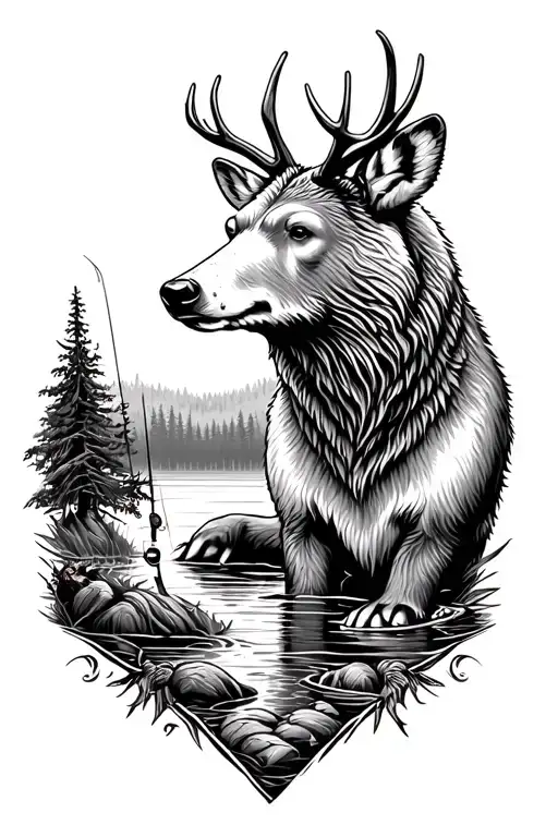 Deer Bear And Fishing Scene