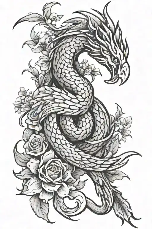 Phoenix And Snake And Flowers Intertwined