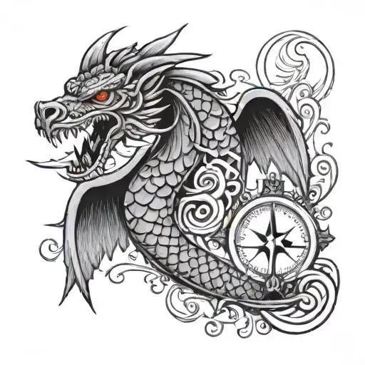 Feathered Serpent Integrated With An Hourglass Filled With Waves And A Compass