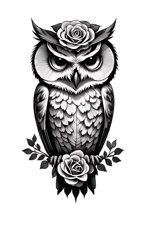 Owl With Half Skull And Roses