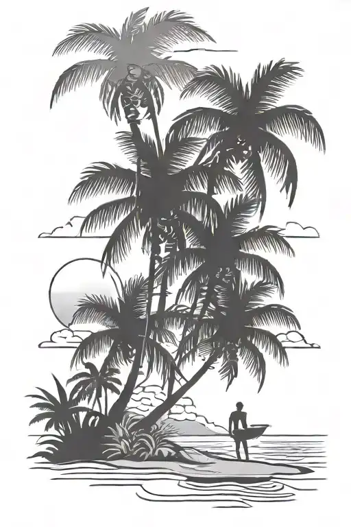 2 Silhouettes On A Beach Scene With Palm Trees