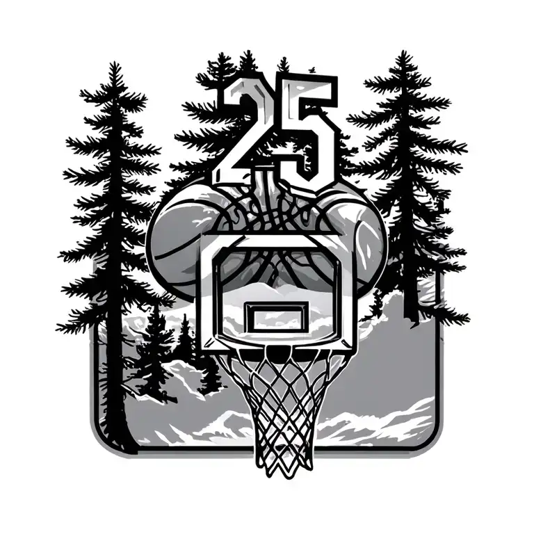 Pine Trees Background With A Basketball Hoop Design And The Number 25