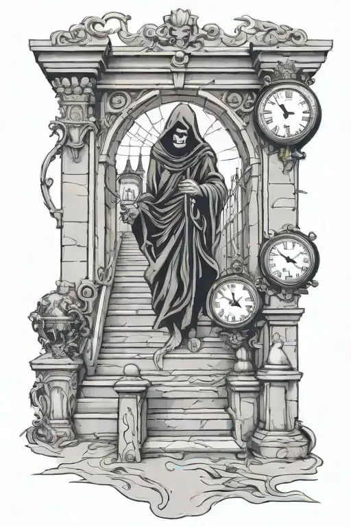 Stairs Leading To A Gate With Grim Grim Reaper Holding A Clock