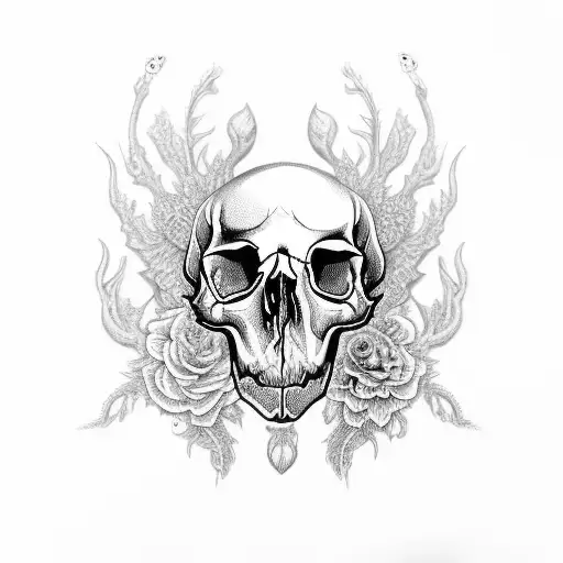Detailed Animal Skull Surrounded By Intricate Floral Patterns