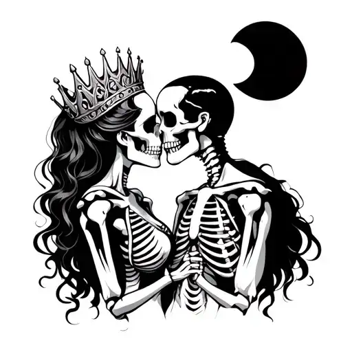 Skeleton King And Queen Kissing With Moon In The Background