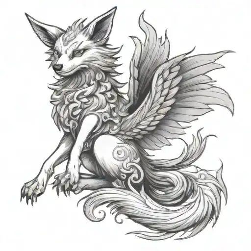 Sitting Kitsune With Phoenix Flying