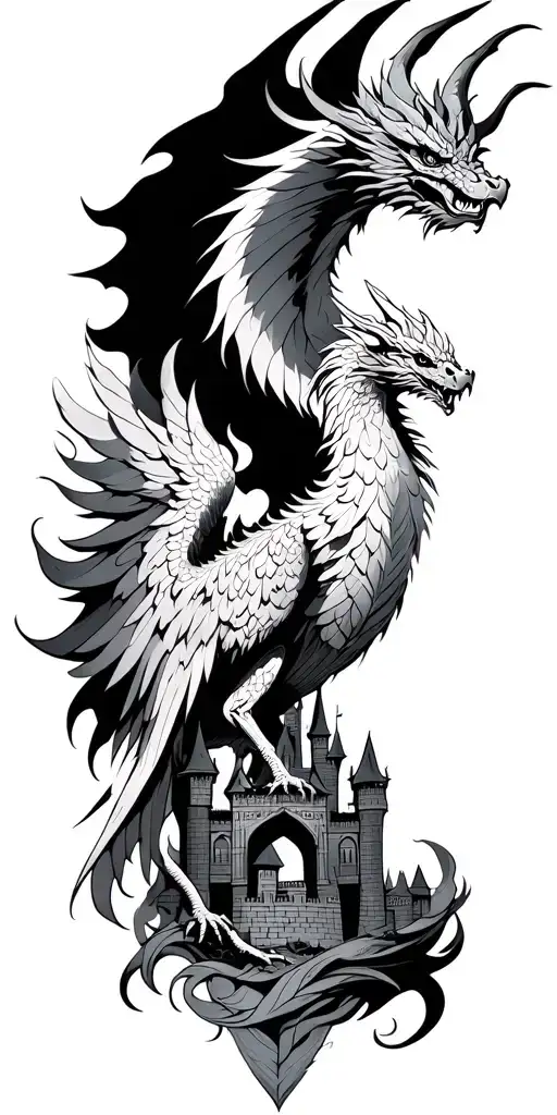 A Phoenix At The Bottom With Dragon Above It And A Castle
