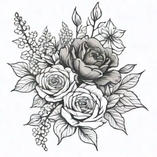 Sketch May July Birth Flowers Bouquet Tied