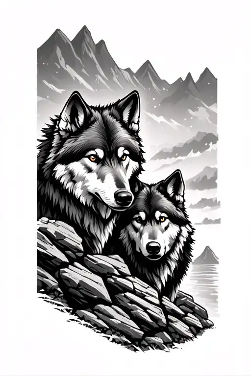 2 Wolf Brothers An Older One On Another In A Rocky Landscape Like A Mountain