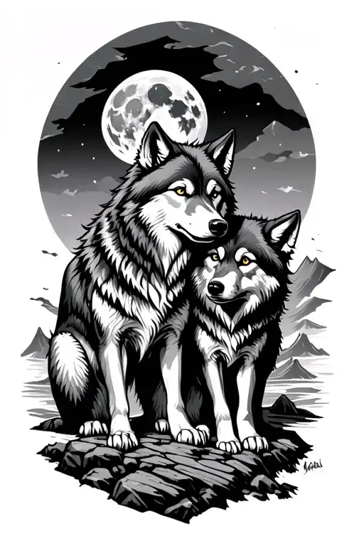 2 Wolf Brothers An Older One On Another In A Rocky Landscape Like A Mountain And A Full Moon
