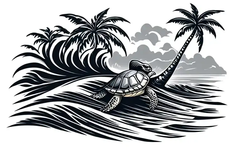 A Simple Wave With Polynesian Graphics With A Palm Tree A Turtle
