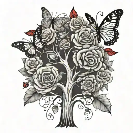 A Whimsical Family Tree Design Incorporating Butterflies And Roses As Symbols Of Growth And Love