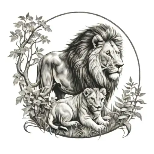 Lion With Cub In Forest Background