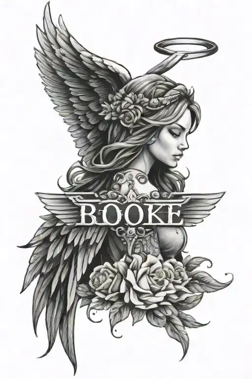 The Name Brooke With Angel Wings On Each Side And Halo Around Top Of K