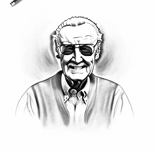 A Black And Grey Portrait Of Stan Lee Surrounded By Iconic Marvel Symbols