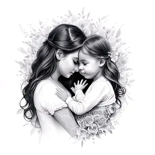 Sketch Tattoo Of Wife And New Born Daughter