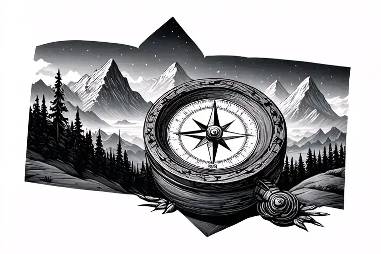 Compass With Mountains And Nature Minimalist Style