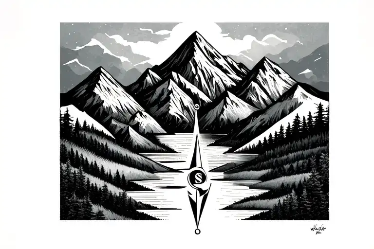 Minimalistic Compass With Mountains And Nature Minimalist Small Fineline