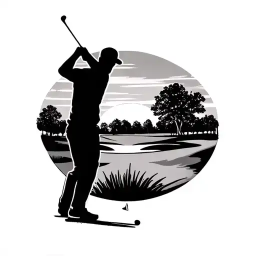 Shadow Of Golfer With Augusta Golf Course Hole And Sunset