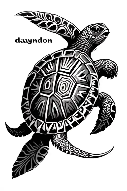 Turtle Surrounded With Tribal Patterns And The Word Dayondon In The Middle