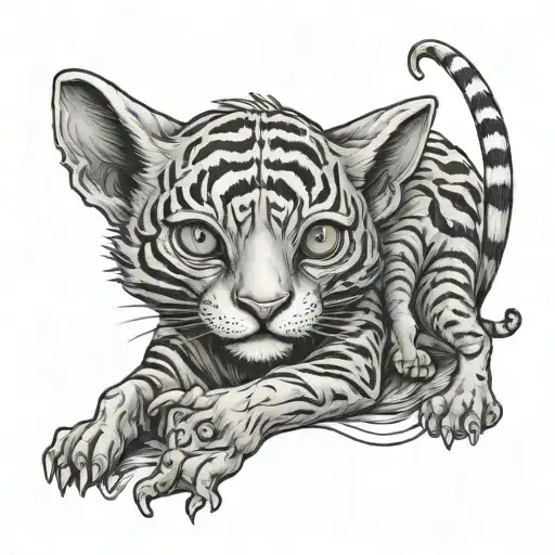 Alien Playing With Tiger Cubs Tattoo Design With Unidentified Object On Top