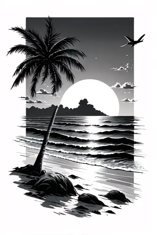 Beach Small Flight And Sunset Sky