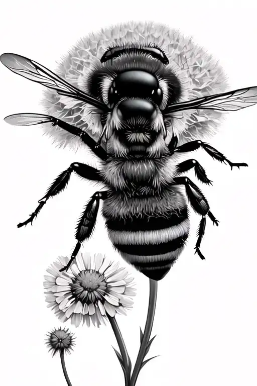 Bee And Dandelions Growing And Blossomed