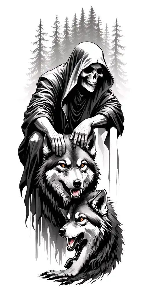 Grimreaper Laying His Hand On An Agressiv Wolf With Forest In The Background