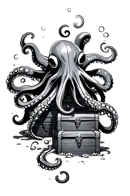 Octopus Guarding 3 Treasure Chests In Underwater Scene